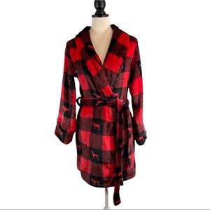 EUC Victoria’s Secret Short Robe Dog Print Faux Fur Red Black Plaid, Size Small